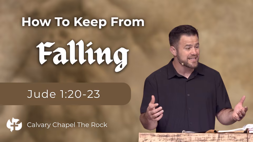 **Alt text:** A sermon thumbnail featuring the title **"How To Keep From Falling"** in large white text, with **"Falling"** displayed in a bold Gothic-style font. Below the title is the Bible passage **Jude 1:20–23** inside a brown rounded rectangle. On the right, a pastor wearing a black shirt speaks from behind a wooden pulpit with an open Bible, gesturing as he teaches. The background is a soft, blurred tan stone texture. The **Calvary Chapel The Rock** logo and name appear in the bottom left corner.
